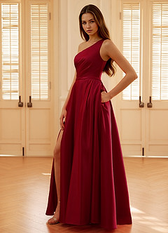 Millie Burgundy One Shoulder A-line Satin Prom Dress image3