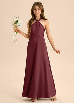 Azazie Beah Junior Cabernet A-Line Pleated Stretch Satin Dress image3