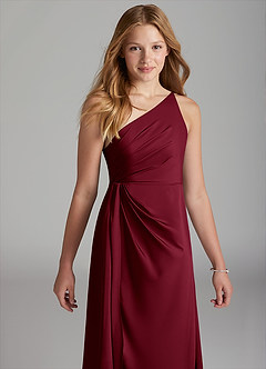 Azazie Mika Junior Robe Trapèze en Satin extensible Plissée Bourgogne image4