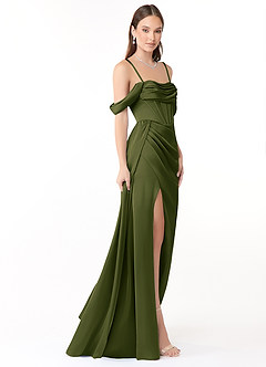 Azazie Amyra Vestidos de damas de honor Vestido Oliva Brillante de Satén Elástico de Corte Sirena Convertible con Hombros descubiertos image6