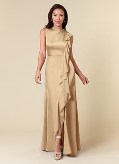 Azazie Narine Abiti per la Madre della Sposa Abito A-Line in Raso Elasticizzato Scollo alto plissettato Champagne image3