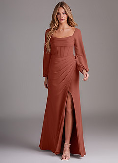 Azazie Charissa Robes de demoiselle d'honneur Robe Fourreau en Mousseline de soie Manches longues Auburn image3