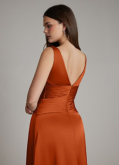 Azazie Pauline Vestidos de damas de honor Vestido de Naranja Quemada de Satén Elástico de Línea A con Plisado image4