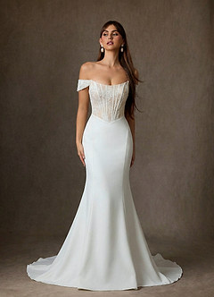 Azazie Yamelle Vestidos de novia Vestido de Blanco Diamante Champán de Satén de Corte Sirena con Vestidos sin tirantes image2