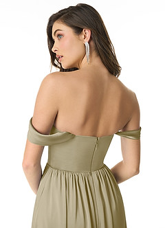 Azazie Morana Jurken voor bruidsmeisjes Converteerbaar Jurk van Stretch Satijn met A-Lijn Off the Shoulder Mosgroen image7