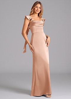 Azazie Adi Bridesmaid Dresses Rose Gold A-Line Pleated Stretch Satin Dress image3