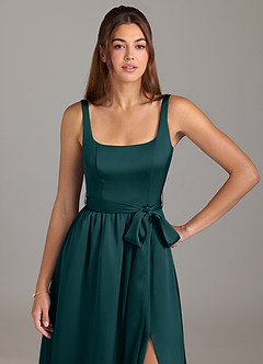 Azazie Elliott Bridesmaid Dresses Pine A-Line with Pockets Stretch Satin Dress image2