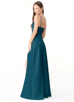 Azazie Halsey Final Sale Ink Blue A-Line Side Slit Stretch Satin Dress image5