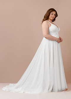 Azazie Devi Wedding Dresses Diamond White A-Line V-Neck Lace Tulle Dress image14