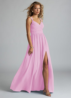 Azazie Aziza Bridesmaid Dresses Candy Pink A-Line V-Neck Pleated Chiffon Dress image3