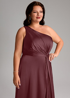 Azazie Brooke Bridesmaid Dresses Sangria A-Line One Shoulder Stretch Satin Dress image13