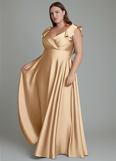 Azazie Leilani Bridesmaid Dresses Champagne A-Line Ruched Stretch Satin Dress image4