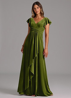 Azazie Omari Bridesmaid Dresses Olive A-Line Pleated Velvet Dress image1