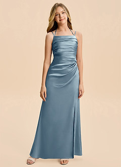 Azazie Nova Junior Dusty Blue A-Line Pleated Stretch Satin Dress image6
