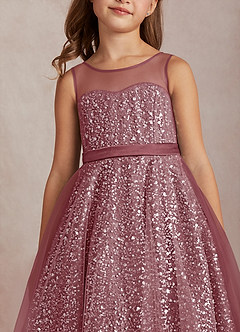 Azazie Siwa Robe Demoiselle D'honneur Fillette Robe Trapèze en Tulle Perlé Rose Du Désert image4