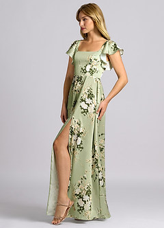 Azazie Bondi Bridesmaid Dresses Floral Vines A-Line Bow Stretch Satin Dress image5