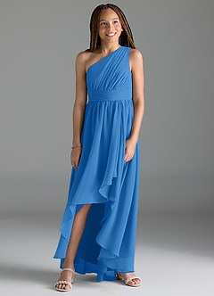 Azazie Mathilda Junior Blue Jay A-Line Pleated Chiffon Dress image4