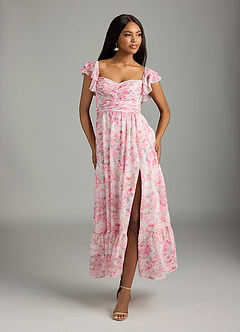 Azazie Anaya Bridesmaid Dresses Abstract Watercolor Floral A-Line Pleated Chiffon Dress image3