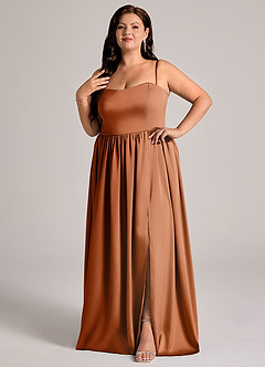 Azazie Calianna Bridesmaid Dresses Copper A-Line Off the Shoulder Stretch Satin Convertible Dress image4