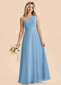 Azazie Phaedra Junior Steel Blue A-Line Pleated Chiffon Dress image3