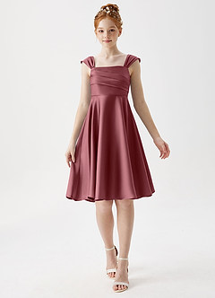 Azazie Amira Junior Desert Rose A-Line Pleated Stretch Satin Dress image1