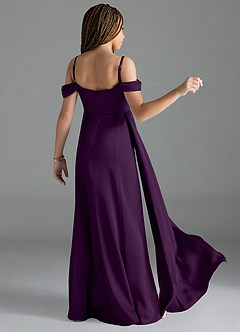 Azazie Amyra Junior Grape Sheath Off the Shoulder Stretch Satin Dress image2