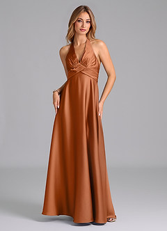Azazie Tessie Bridesmaid Dresses Copper A-Line Pleated Stretch Satin Dress image6