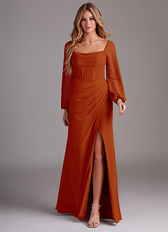 Azazie Charissa Bridesmaid Dresses Paprika Sheath Long Sleeve Chiffon Dress image3