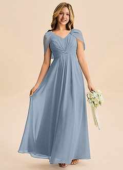 Azazie Emma Junior Robe Trapèze en Mousseline de soie Plissée Bleu Poussiéreux image1