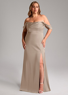 Azazie Saige Bridesmaid Dresses Taupe Sheath Off the Shoulder Stretch Satin Dress image12