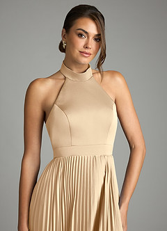 Azazie Zienna 신부 들러리 드레스 A라인 주름진 스트레치 새틴 바닥 길이 드레스 image5