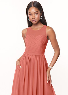 Azazie Nina Bridesmaid Dresses Salmon Pink A-Line Pleated Chiffon Dress image5