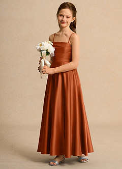 Azazie Pebbles Girls Formal Robe Demoiselle D'honneur Fillette Robe Trapèze en Mat Satiné Plissée Orange Brûlée image5