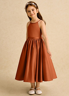 Azazie Indi Robe Demoiselle D'honneur Fillette Robe Trapèze en Mat Satiné Arc Orange Brûlée image7