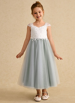 Azazie Momo Flower Girl Dresses Ivory Olive A-Line Lace Dress image3