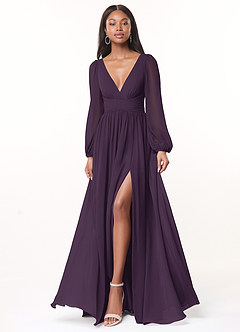 Azazie Norah Bridesmaid Dresses Plum A-Line V-Neck Long Sleeve Chiffon Dress image1