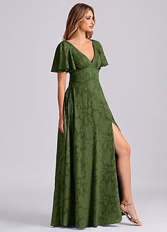 Azazie Kimber Bridesmaid Dresses Olive A-Line with Pockets Floral Burnout Dress image4