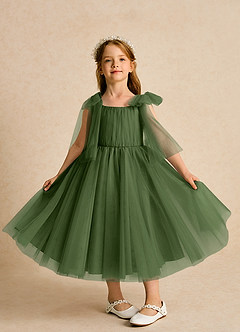 Azazie Dori Robe Demoiselle D'honneur Fillette Robe Trapèze en Tulle Rayé Olive image6