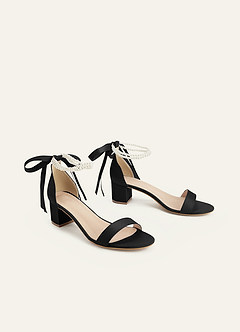 front Matching Color Matte Satin Pearl and Bow Open Toe Chunky Heel Sandals