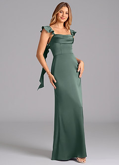 Azazie Adi Bridesmaid Dresses Sea Moss A-Line Pleated Stretch Satin Dress image3
