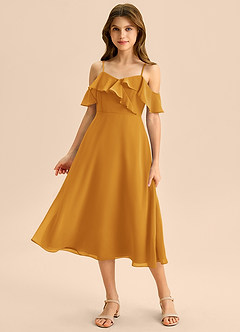Azazie Kamilla Junior Butterscotch A-Line Off the Shoulder Chiffon Dress image1