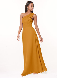 Azazie Ashley Robes de demoiselle d'honneur Robe Trapèze en Mousseline de soie Rayé Caramel écossais image4