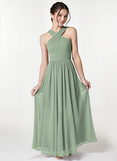 Azazie Jiya Junior Dusty Sage A-Line Pleated Mesh Dress image1