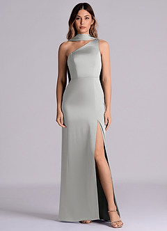 Azazie Philana 신부 들러리 드레스 A라인 한쪽 어깨 스트레치 새틴 바닥 길이 드레스 image1