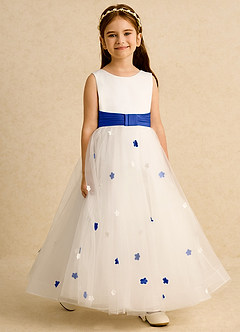 Azazie Cricket Flower Girl Dresses Ivory Royal Blue Ball-Gown Pleated Matte Satin Dress image6