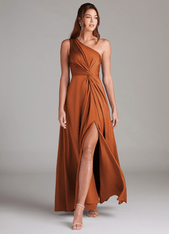 Azazie Brooke Jurken voor bruidsmeisjes Jurk van Stretch Satijn met A-Lijn One-Shoulder Kaneel image1