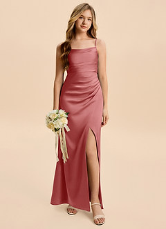 Azazie Minnie Junior Antique Rose Sheath Ruched Stretch Satin Dress image1
