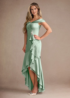 Azazie Billings Mother of the Bride Dresses Agave Mermaid Off the Shoulder Stretch Satin Dress image2
