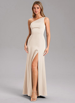 Azazie Phaedra Bridesmaid Dresses White Alabaster A-Line One Shoulder Stretch Satin Dress image6