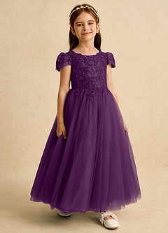 Azazie Puff Flower Girl Dresses Grape Ball-Gown Lace Tulle Dress image6